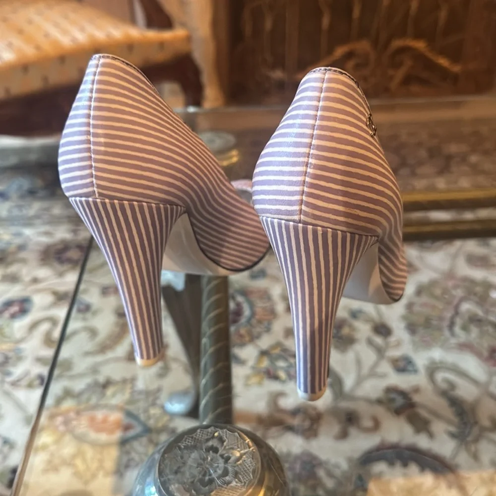 CHANEL blue and White Striped 5” Heels